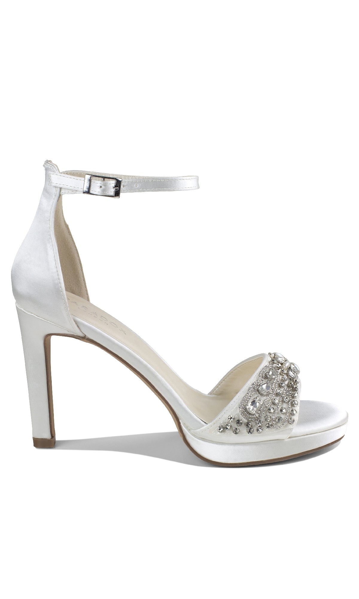 Step out in style with the Enya Ivory Satin Prom Shoes: Paradox London P2203—white jeweled stiletto heels featuring an ankle strap, open toe, and sparkling silver rhinestones, perfect for your next formal event.